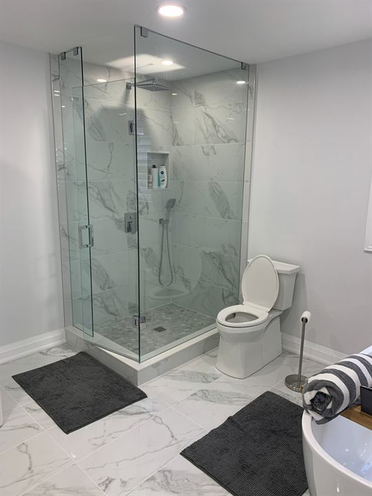 Glass shower enclosure with marble-look porcelain walls